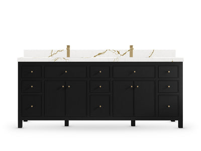 Sonoma 84 Black vanity with Berkshire Brass Quartz, Straight / Mitered, front view