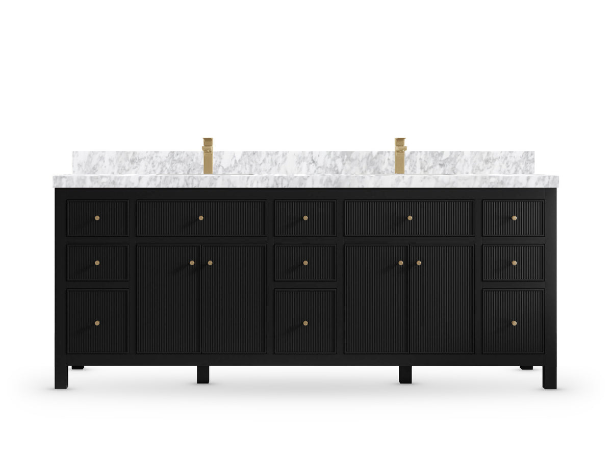 Sonoma 84 Black vanity with Carrara Marble, Straight / Mitered, front view