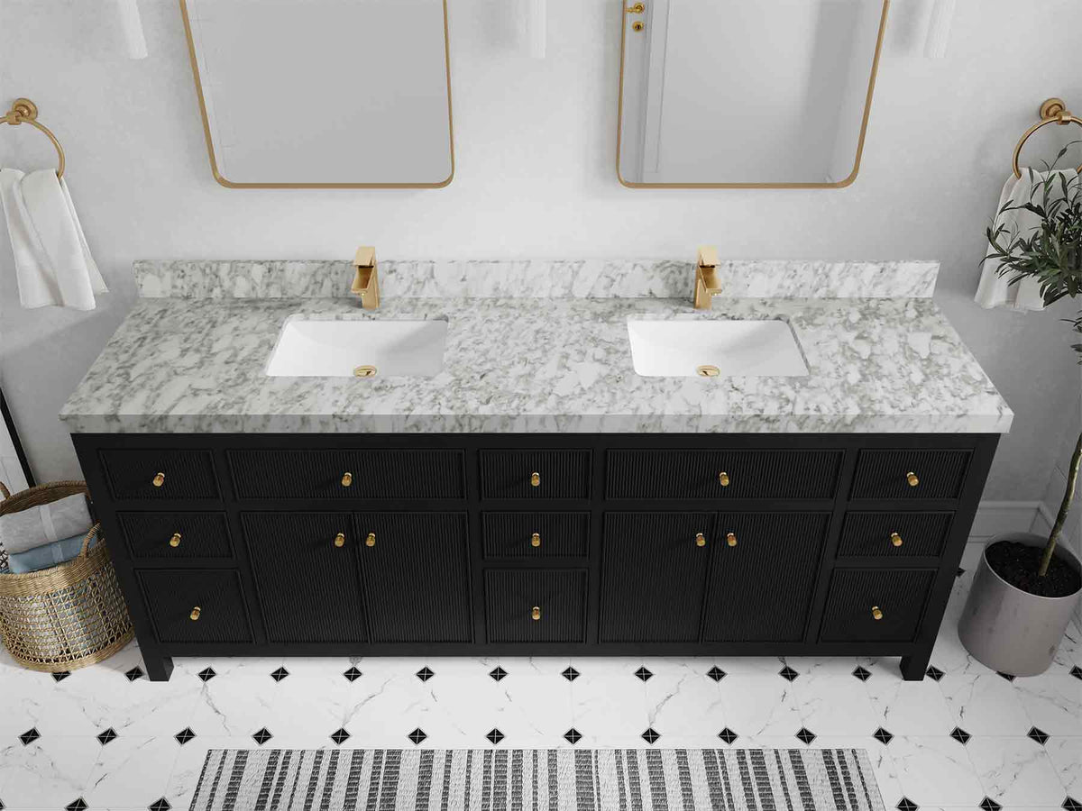 Sonoma 84 Black vanity with Carrara Marble, Straight / Mitered, top view