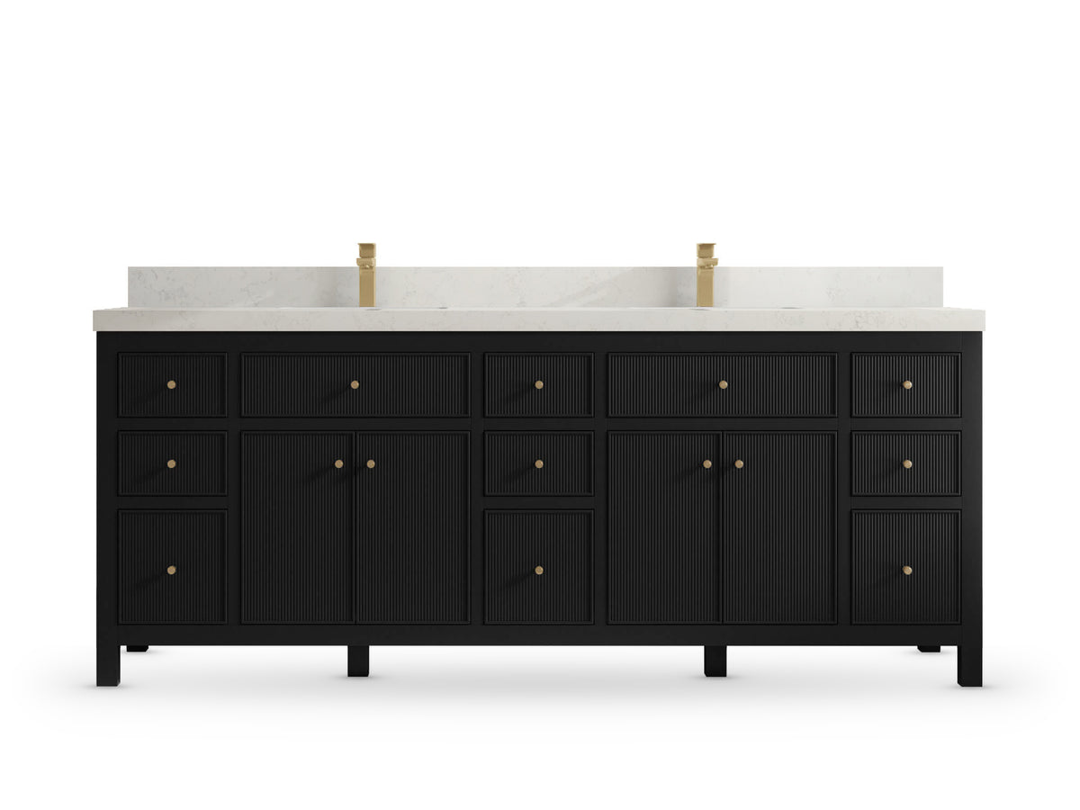 Sonoma 84 Black vanity with Carrara Quartz, Straight / Mitered, front view