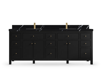 Sonoma 84 Black vanity with Calacatta Black Quartz, Straight / Mitered, front view