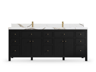 Sonoma 84 Black vanity with Calacatta Gold Quartz, Straight / Mitered, front view
