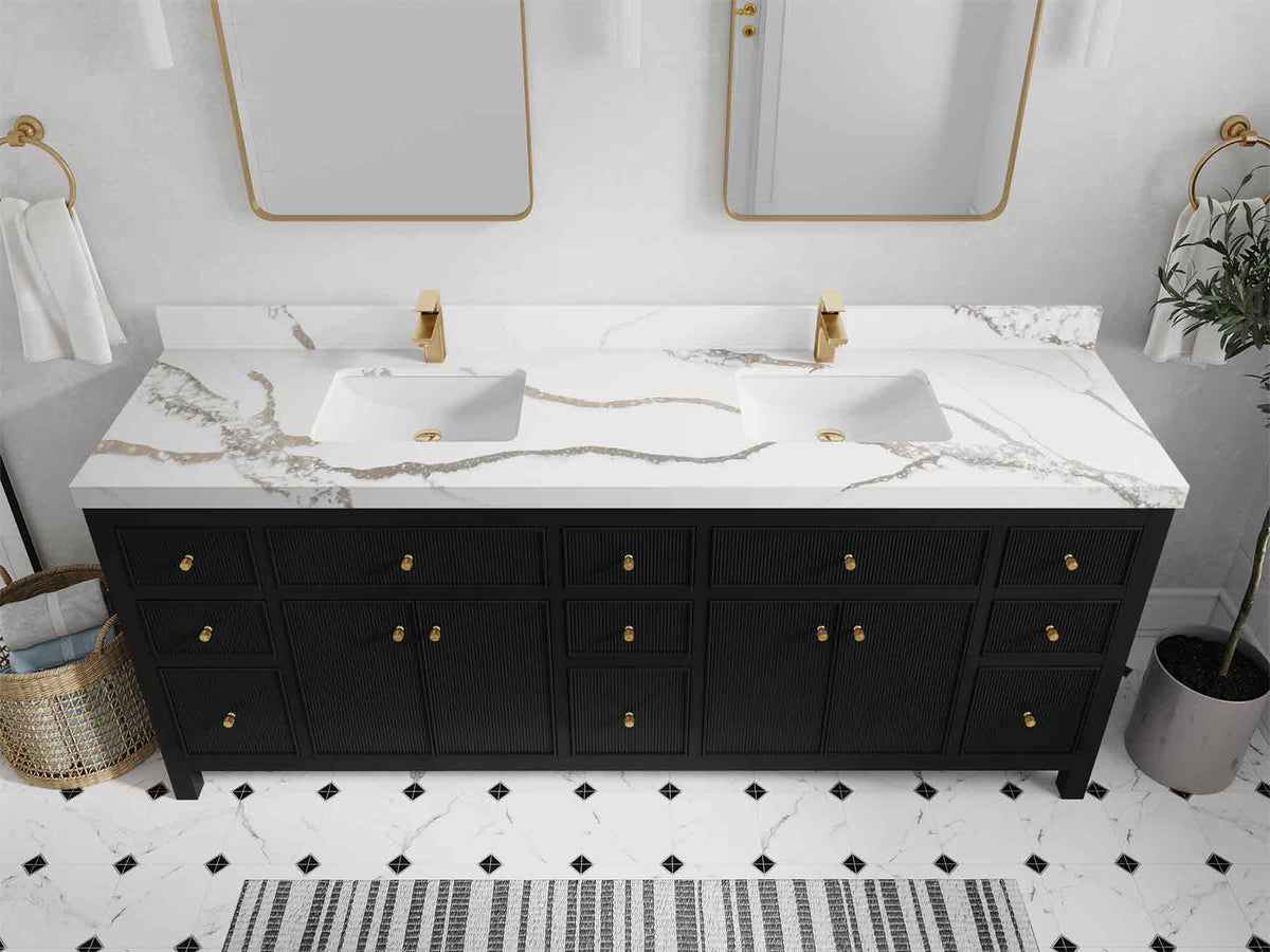 Sonoma 84 Black vanity with Calacatta Gold Quartz, Straight / Mitered, top view