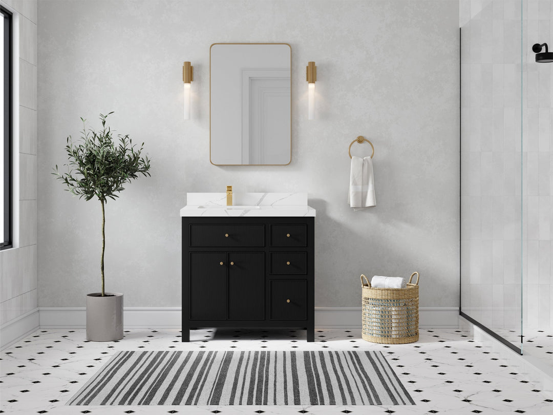 Sonoma 36 in. W x 22 in. D Left Offset Sink Bathroom Vanity in Black with 2 in. Calacatta Laza Quartz Countertop - Front View