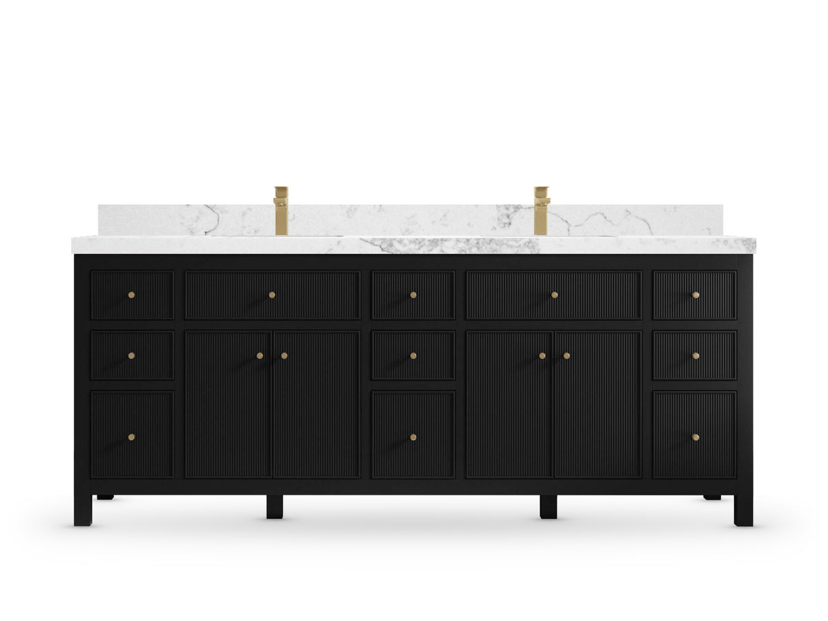 Sonoma 84 Black vanity with Calacatta Nuvo Quartz, Straight / Mitered, front view