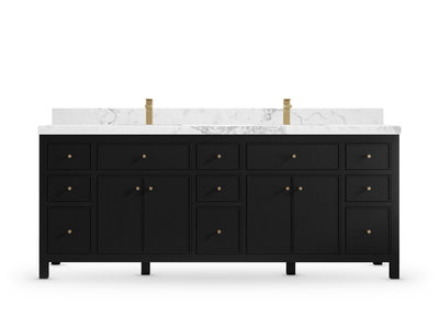 Sonoma 84 Black vanity with Calacatta Nuvo Quartz, Straight / Mitered, front view