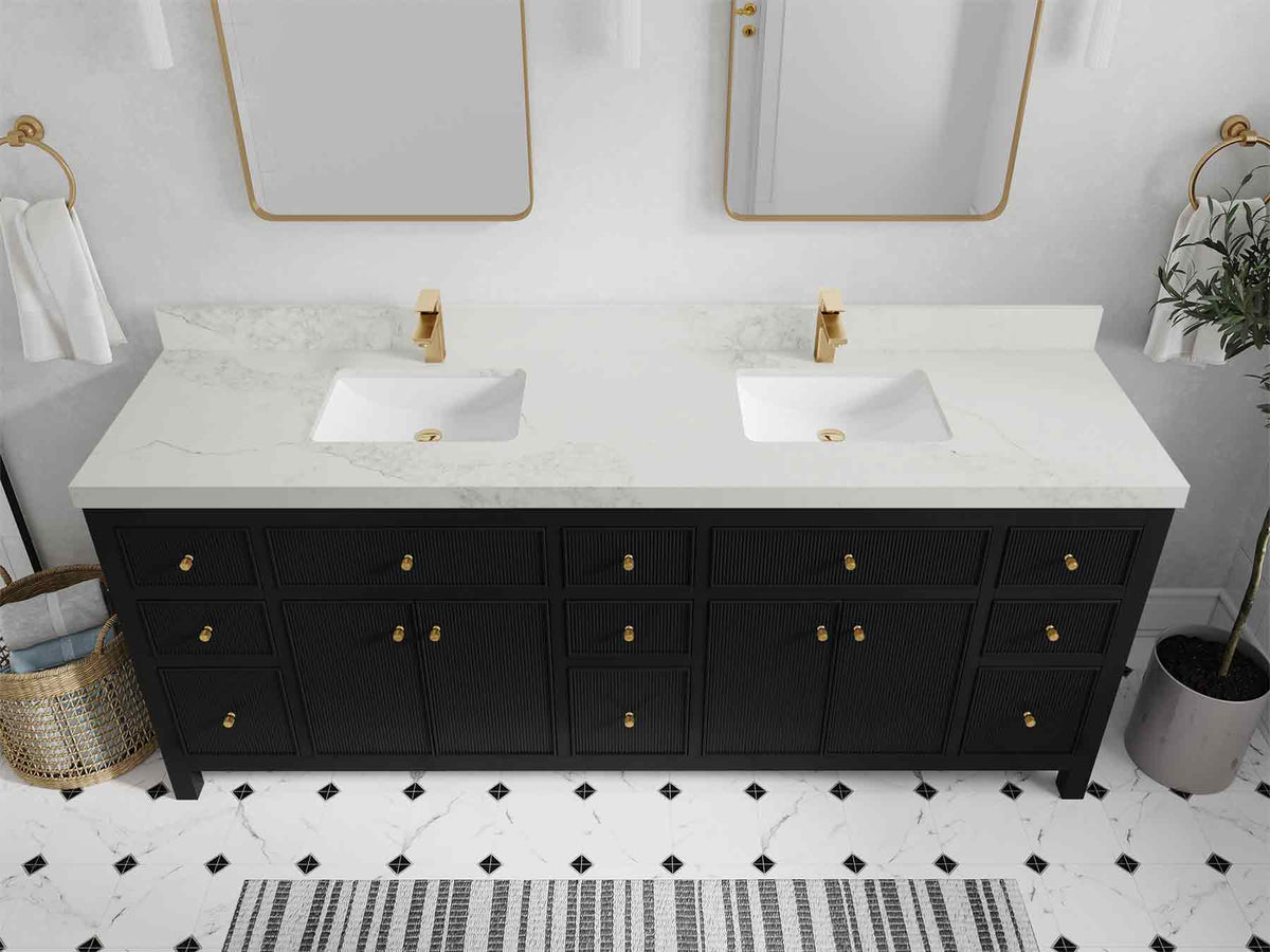 Sonoma 84 Black vanity with Calacatta Nuvo Quartz, Straight / Mitered, top view