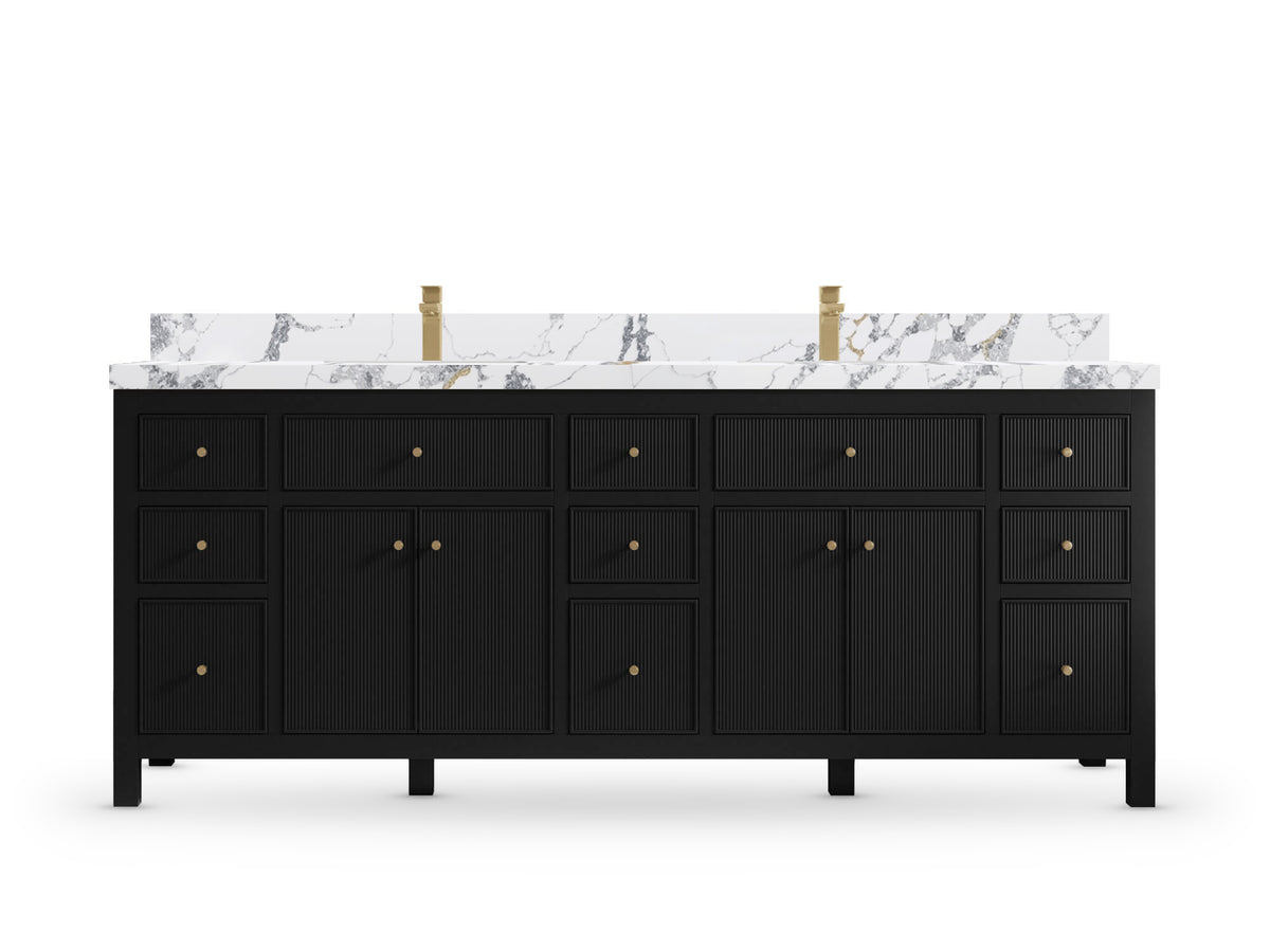 Sonoma 84 Black vanity with Calacatta Poanazzo Quartz, Straight / Mitered, front view