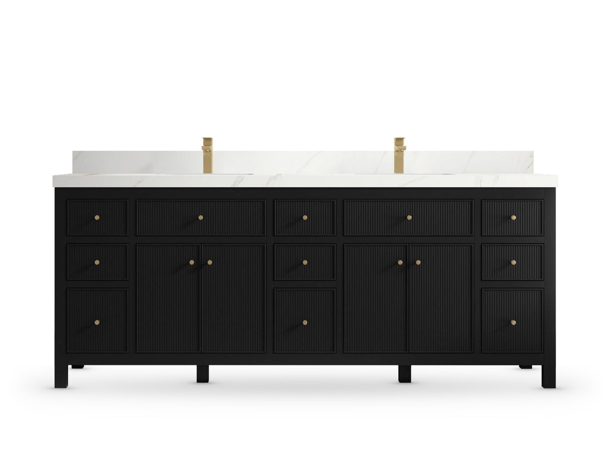 Sonoma 84 Black vanity with Calacatta Sienna Quartz, Straight / Mitered, front view
