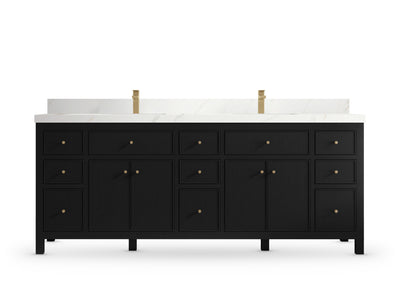 Sonoma 84 Black vanity with Calacatta Sienna Quartz, Straight / Mitered, front view