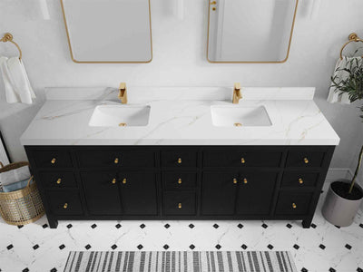 Sonoma 84 Black vanity with Calacatta Sienna Quartz, Straight / Mitered, top view