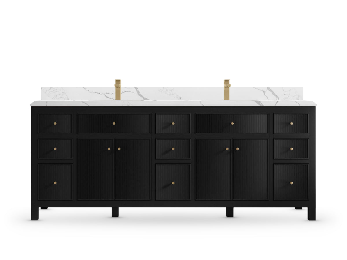Sonoma 84 Black vanity with Calacatta Laza Quartz, Double Cove, front view