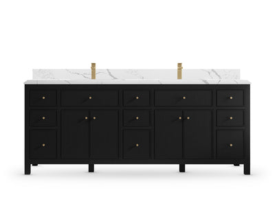 Sonoma 84 Black vanity with Calacatta Laza Quartz, Double Cove, front view