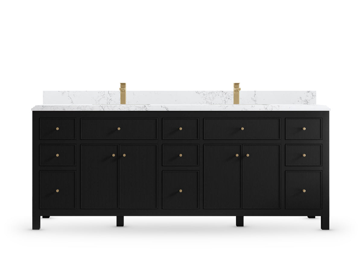 Sonoma 84 Black vanity with Empira Quartz, Double Cove, front view