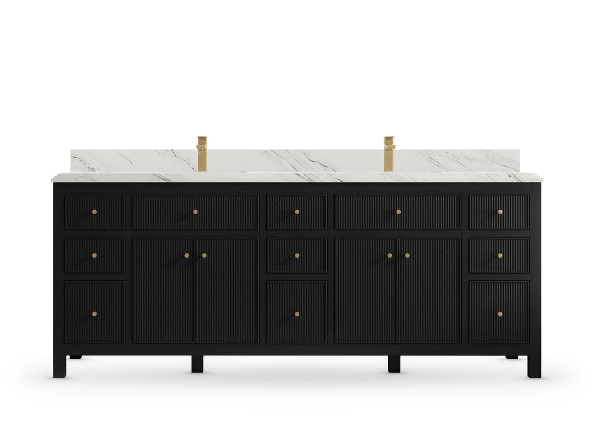 Sonoma 84 Black vanity with Palissandro Quartz, Double Cove, front view