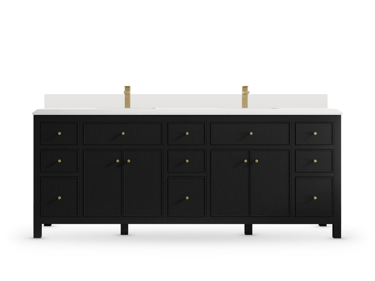 Sonoma 84 Black vanity with White Quartz, Double Cove, front view