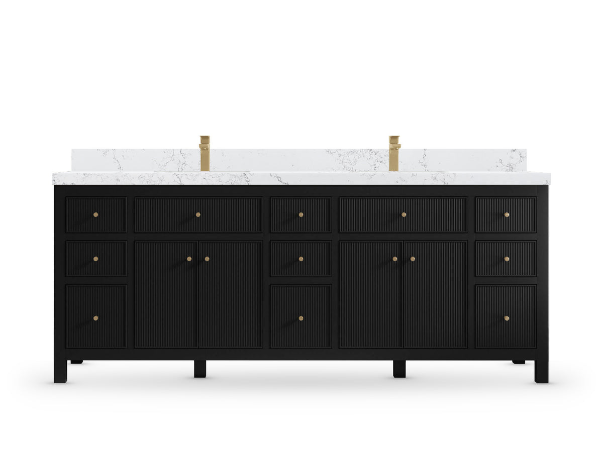 Sonoma 84 Black vanity with Empira White Quartz, Straight / Mitered, front view