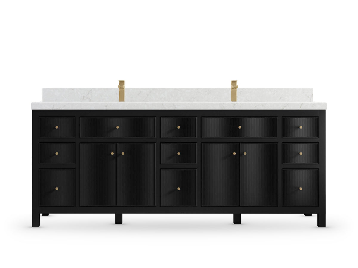 Sonoma 84 Black vanity with Frosty Carrara Quartz, Straight / Mitered, front view