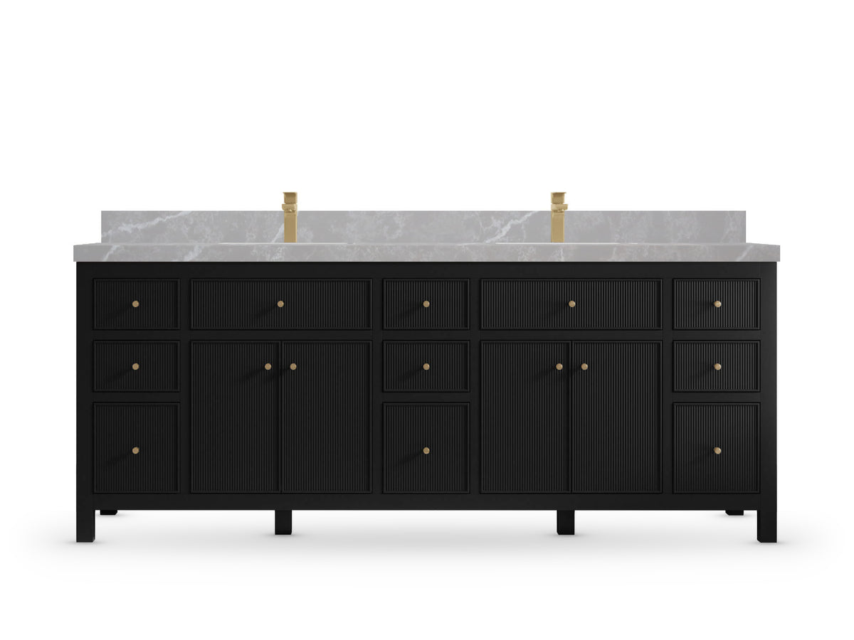 Sonoma 84 Black vanity with Pearl Light Gray Quartz, Straight / Mitered, front view