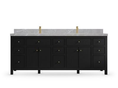 Sonoma 84 Black vanity with Pearl Light Gray Quartz, Straight / Mitered, front view
