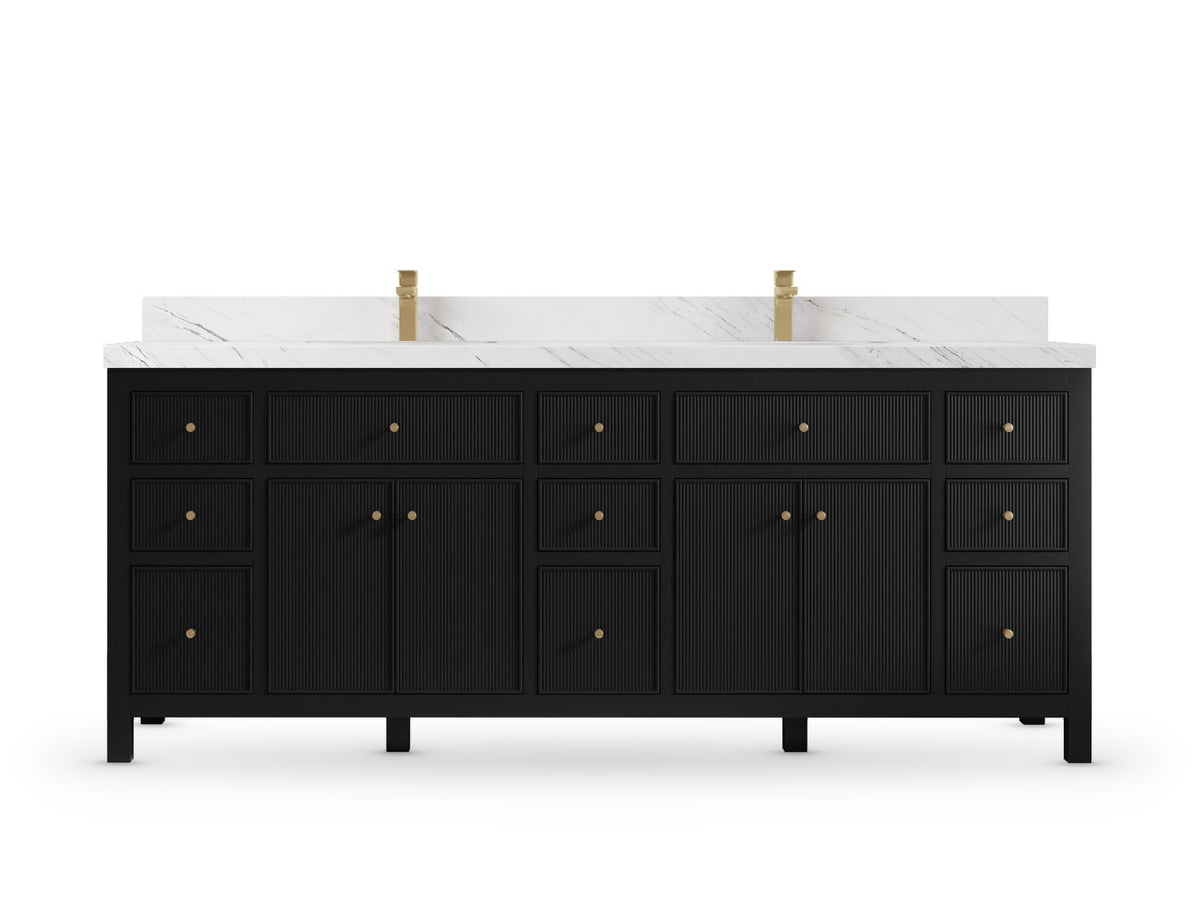 Sonoma 84 Black vanity with Palissandro Quartz, Straight / Mitered, front view