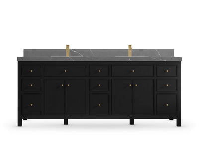 Sonoma 84 Black vanity with Piatra Gray Quartz, Straight / Mitered, front view