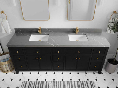 Sonoma 84 Black vanity with Piatra Gray Quartz, Straight / Mitered, top view
