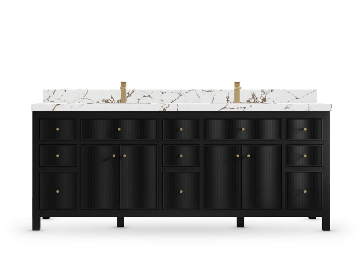 Sonoma 84 Black vanity with Viola Brown Quartz, Straight / Mitered, front view