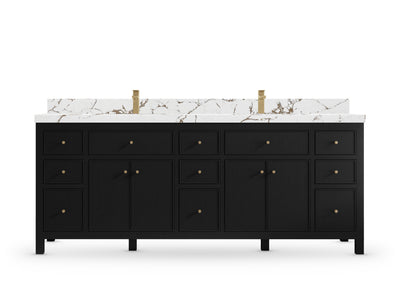 Sonoma 84 Black vanity with Viola Brown Quartz, Straight / Mitered, front view