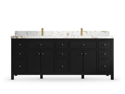 Sonoma 84 Black vanity with Viola Gold Quartz, Straight / Mitered, front view
