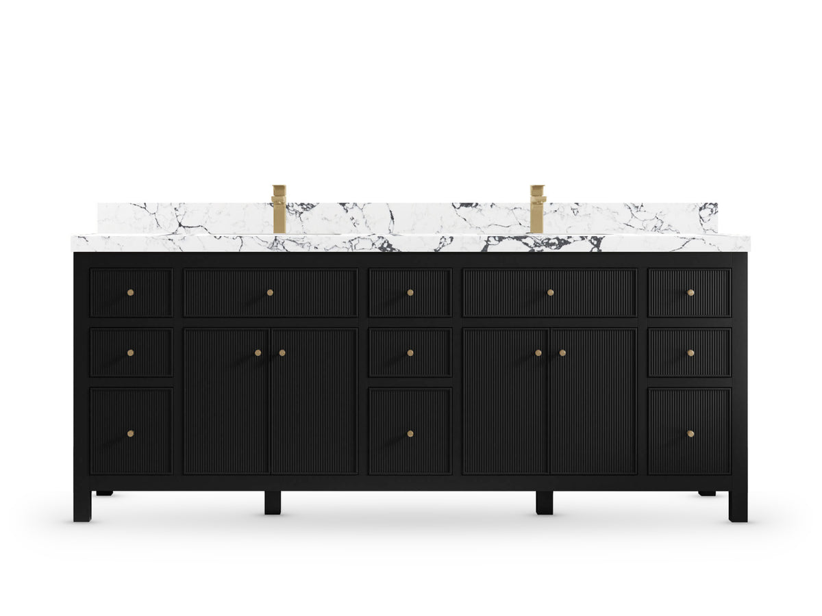 Sonoma 84 Black vanity with Viola Night Quartz, Straight / Mitered, front view