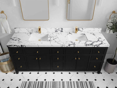 Sonoma 84 Black vanity with Viola Night Quartz, Straight / Mitered, top view