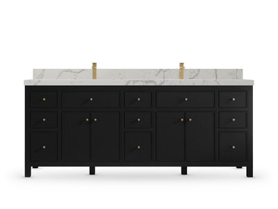 Sonoma 84 Black vanity with Venatino Quartz, Straight / Mitered, front view