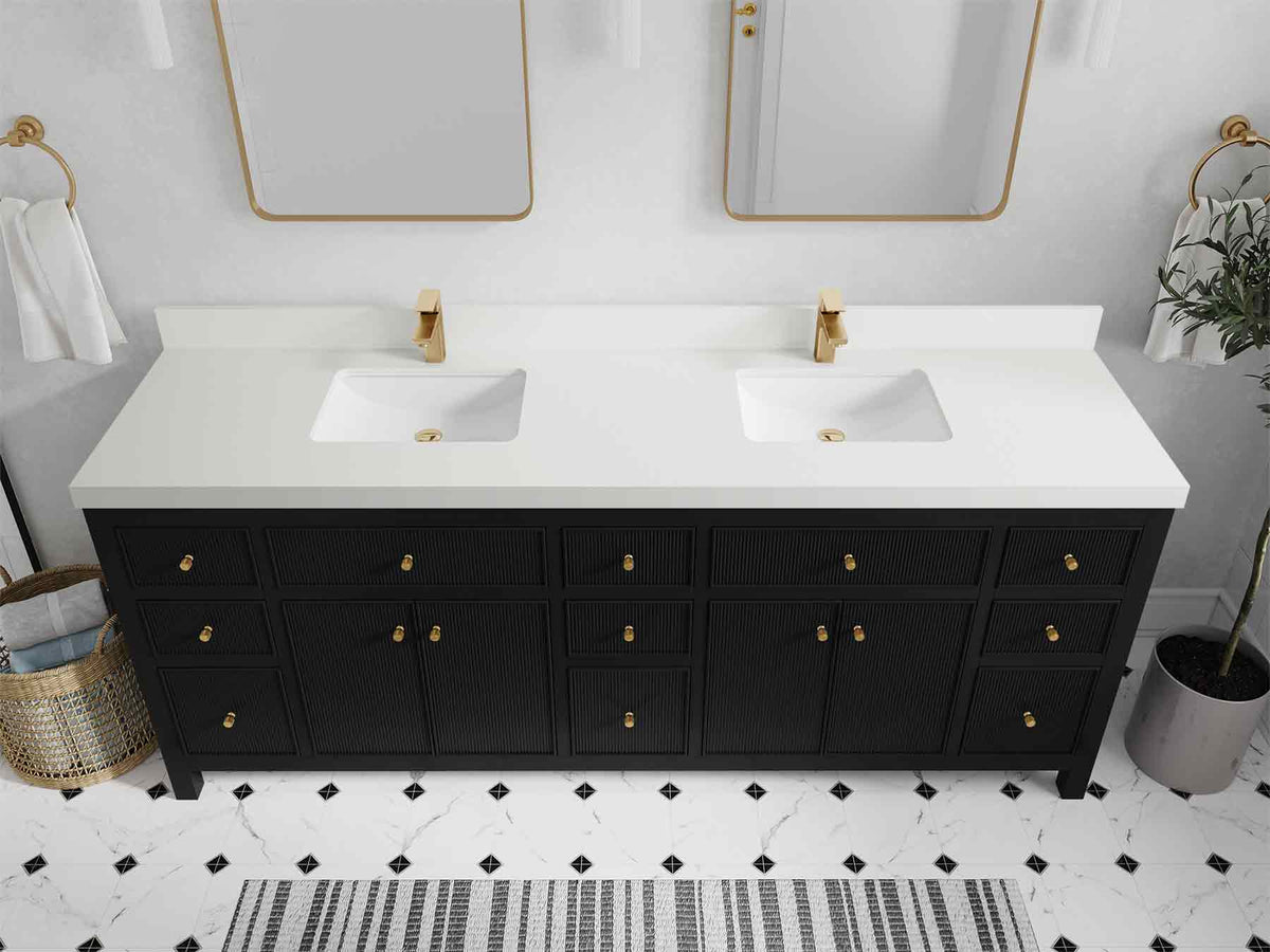 Sonoma 84 Black vanity with White Quartz, Straight / Mitered, top view