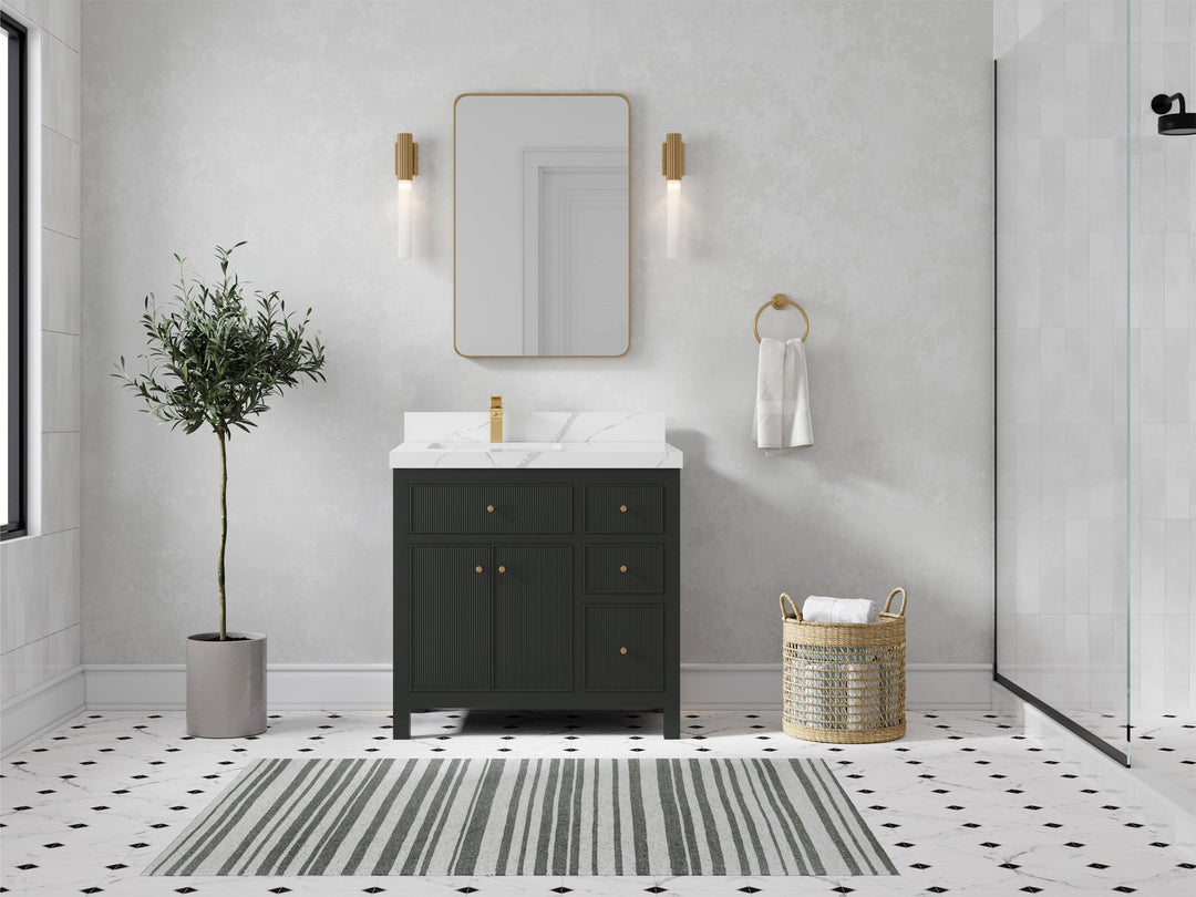 Sonoma 36 in. W x 22 in. D Left Offset Sink Bathroom Vanity in Black Top with 2 in. Calacatta Laza Quartz Countertop - Front View