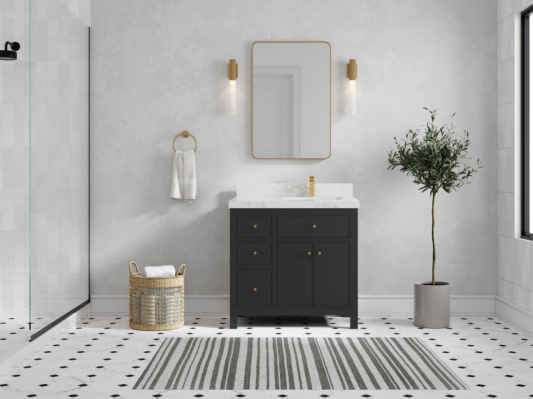 Sonoma 36 in. W x 22 in. D Right Offset Sink Bathroom Vanity in Black Top with 2 in. Calacatta Nuvo Quartz Countertop - Front View