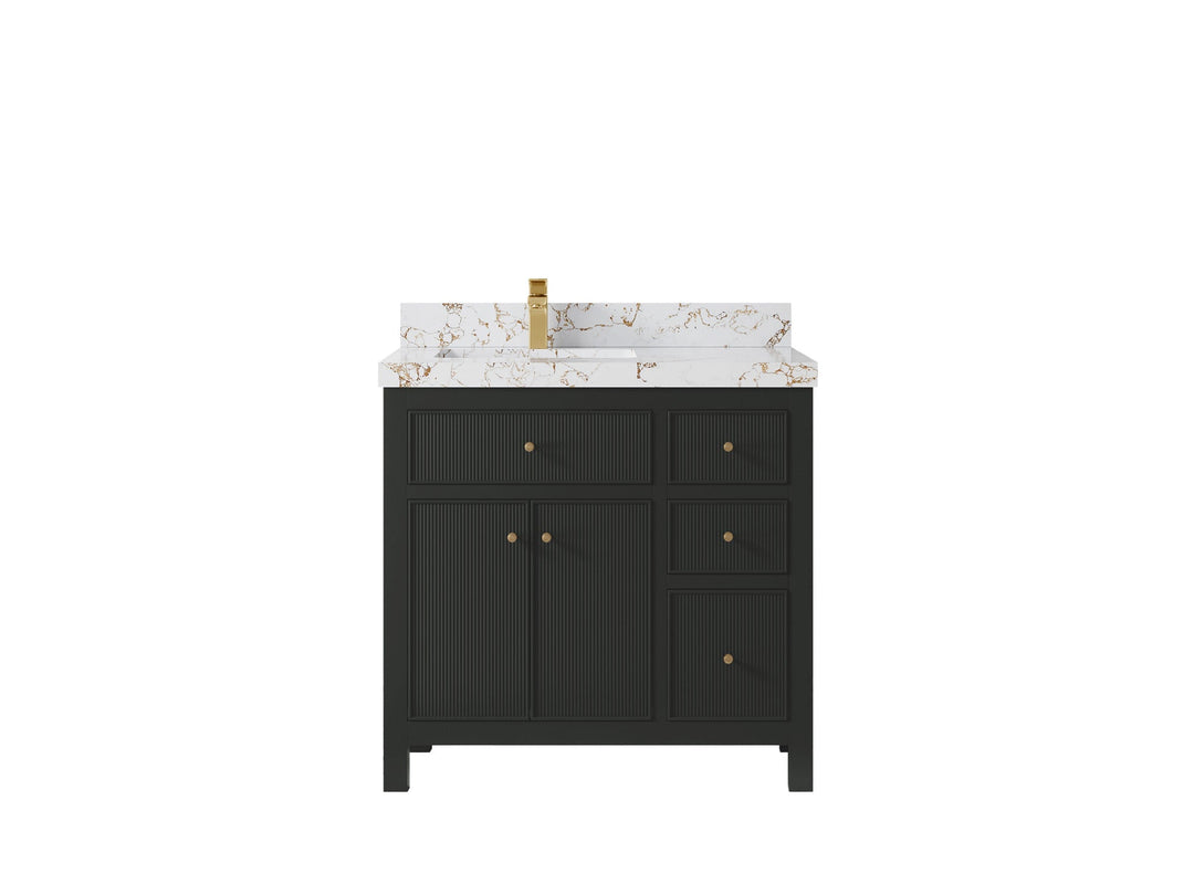 Sonoma 36 in. W x 22 in. D Left Offset Sink Bathroom Vanity in Black Top with 2 in. Viola Gold Quartz Countertop