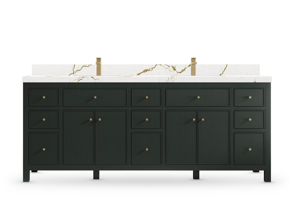 Sonoma84 Dark Forest Green vanity with Berkshire Brass Quartz, Straight / Mitered, front view