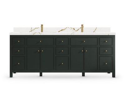Sonoma84 Dark Forest Green vanity with Berkshire Brass Quartz, Straight / Mitered, front view