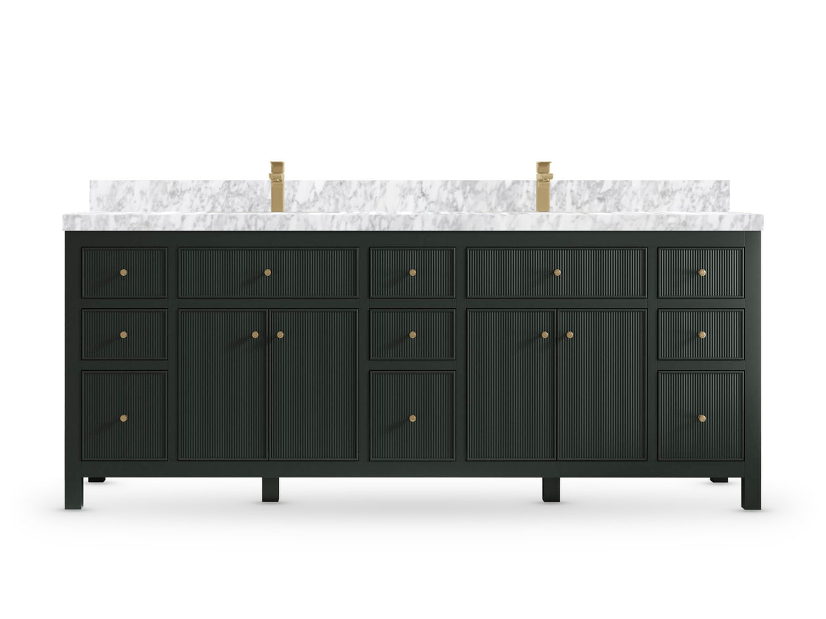 Sonoma84 Dark Forest Green vanity with Carrara Marble, Straight / Mitered, front view