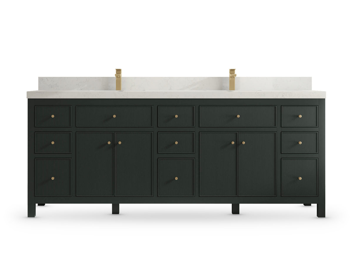 Sonoma84 Dark Forest Green vanity with Carrara Quartz, Straight / Mitered, front view