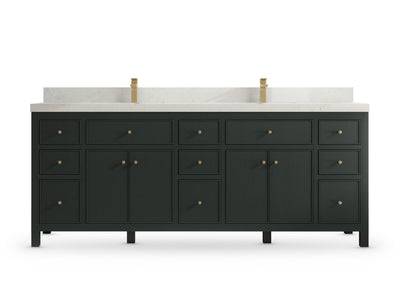 Sonoma84 Dark Forest Green vanity with Carrara Quartz, Straight / Mitered, front view