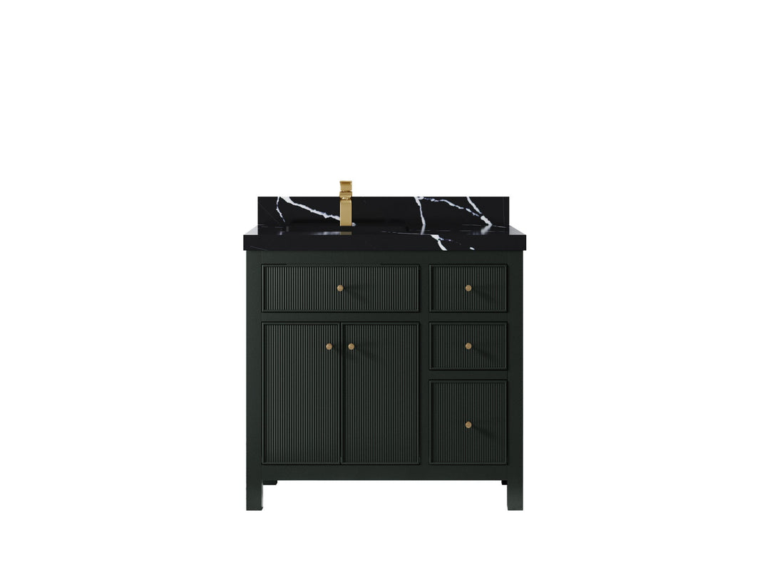 Sonoma 36 in. W x 22 in. D Left Offset Sink Bathroom Vanity in Dark Forest Green with 2 in. Calacatta Black Quartz Countertop