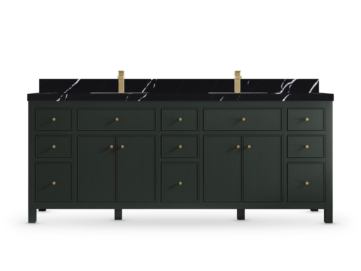 Sonoma84 Dark Forest Green vanity with Calacatta Black Quartz, Straight / Mitered, front view