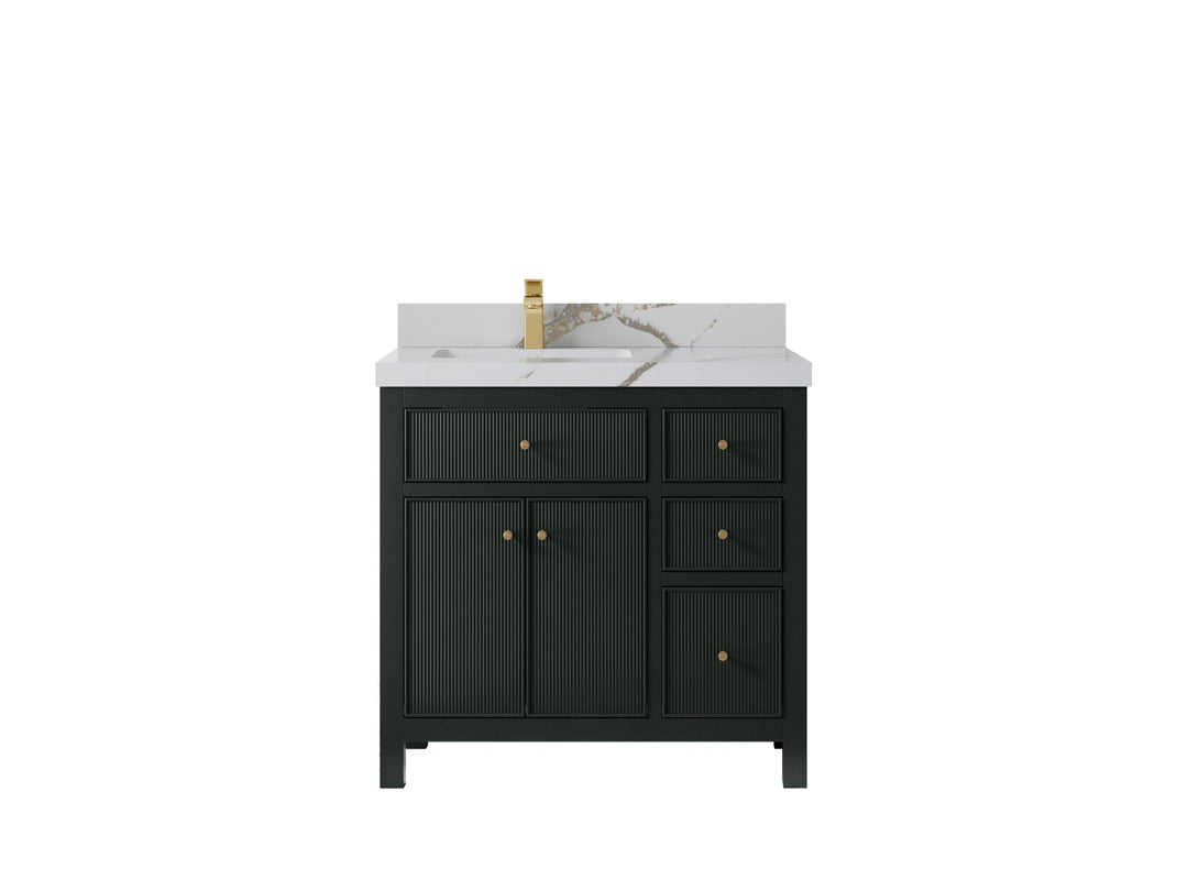 Sonoma 36 in. W x 22 in. D Left Offset Sink Bathroom Vanity in Dark Forest Green with 2 in. Calacatta Gold Quartz Countertop