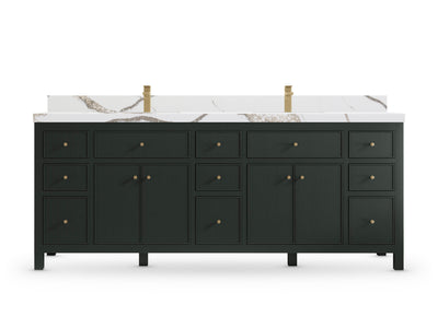 Sonoma84 Dark Forest Green vanity with Calacatta Gold Quartz, Straight / Mitered, front view