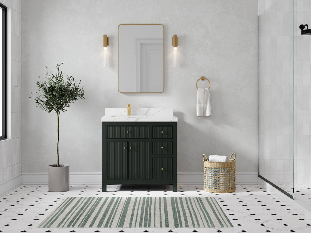 Sonoma 36 in. W x 22 in. D Left Offset Sink Bathroom Vanity in Dark Forest Green with 2 in. Calacatta Laza Quartz Countertop - Front View