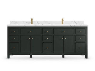 Sonoma84 Dark Forest Green vanity with Calacatta Laza Quartz, Straight / Mitered, front view