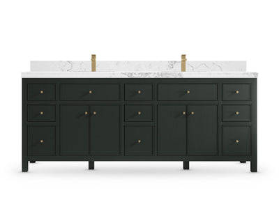 Sonoma84 Dark Forest Green vanity with Calacatta Nuvo Quartz, Straight / Mitered, front view