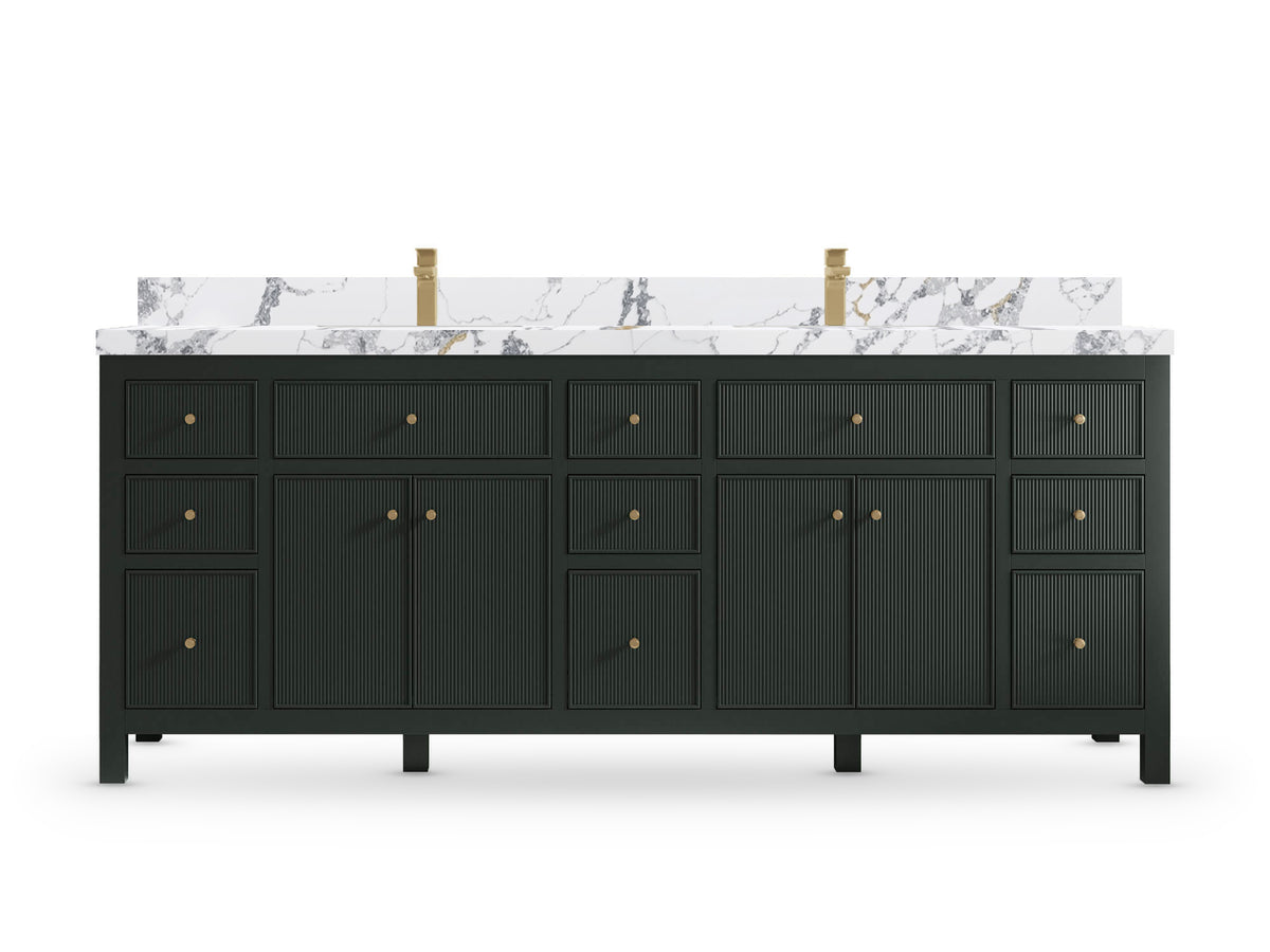 Sonoma84 Dark Forest Green vanity with Calacatta Poanazzo Quartz, Straight / Mitered, front view